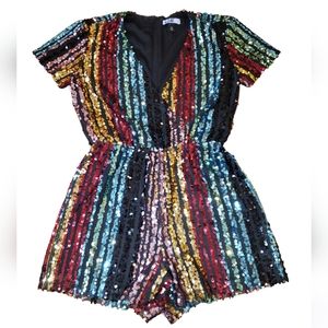 Vylette Rainbow Stripe Sequin Romper